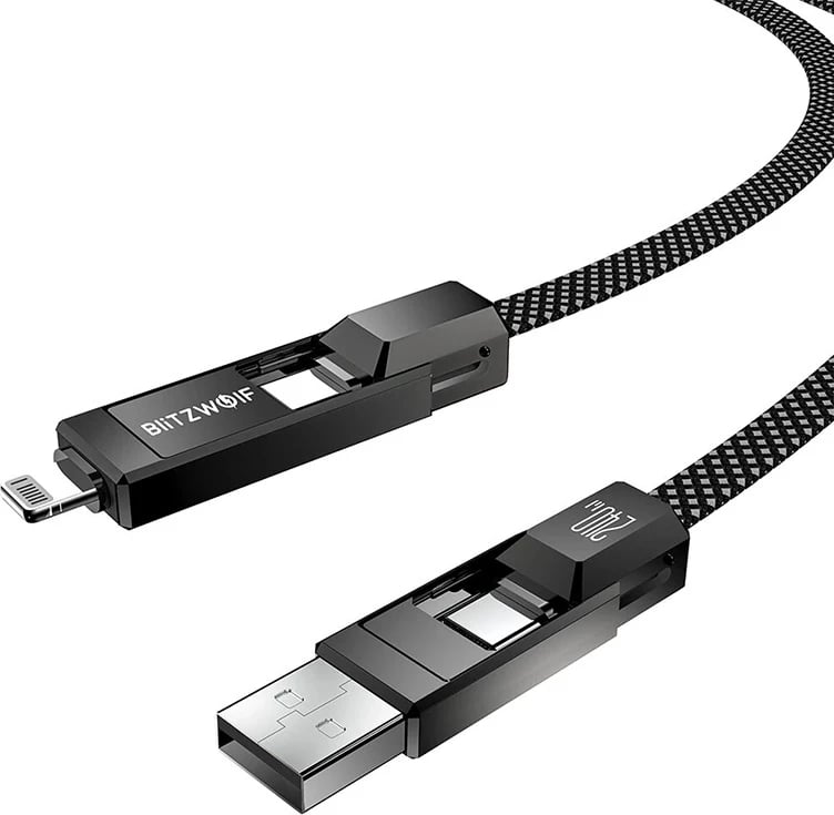 Kabllo 4-në-1 BlitzWolf BW-HDC7, 1.2m, 240W, USB-A/USB-C/Lightning, e zezë Kabllo 4-në-1 BlitzWolf BW-HDC7, 1.2m, 240W, USB-A/USB-C/Lightning, e zezë