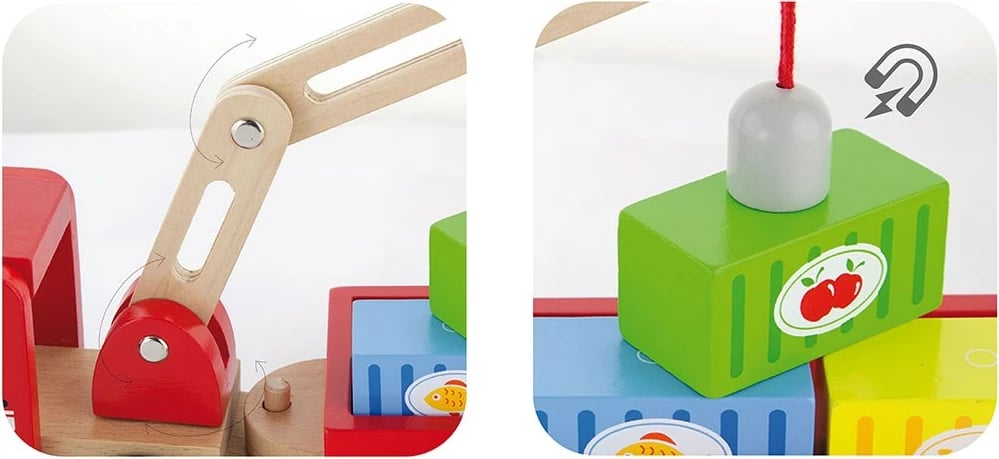 Lodër druri kamion me vinç magnetik, Viga, 4 kontejnerë magnetikë, 18+ muaj, multingjyrësh, set