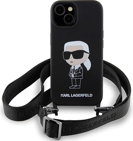 Mbështjellës Karl Lagerfeld Crossbody Silicone Ikonik për iPhone 15 6.1", i zi, me rrip