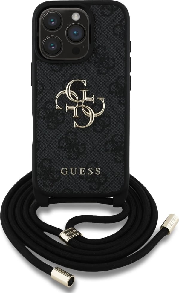 Mbështjellës Guess 4G Big Logo Cord Stap Crossbody për iPhone 16 Pro, e zezë