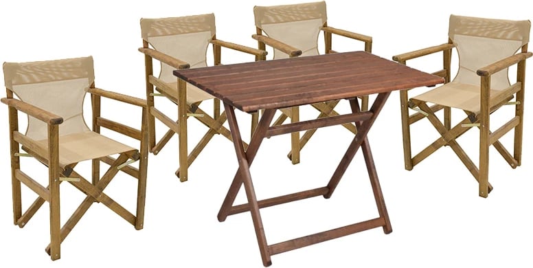 Tavolinë me karrige Retto, set 5 pjesë, dru ahu, ngjyrë arre-PVC kafe, 100x60x71cm