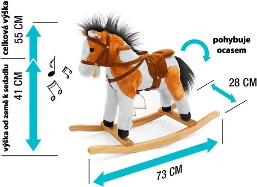 Kalë lëkundës me melodi, Milly Mally Jurášek, i butë plush, kornizë druri e çmontueshme, 3x AA, ngarkesë deri 30 kg, kafe e errët