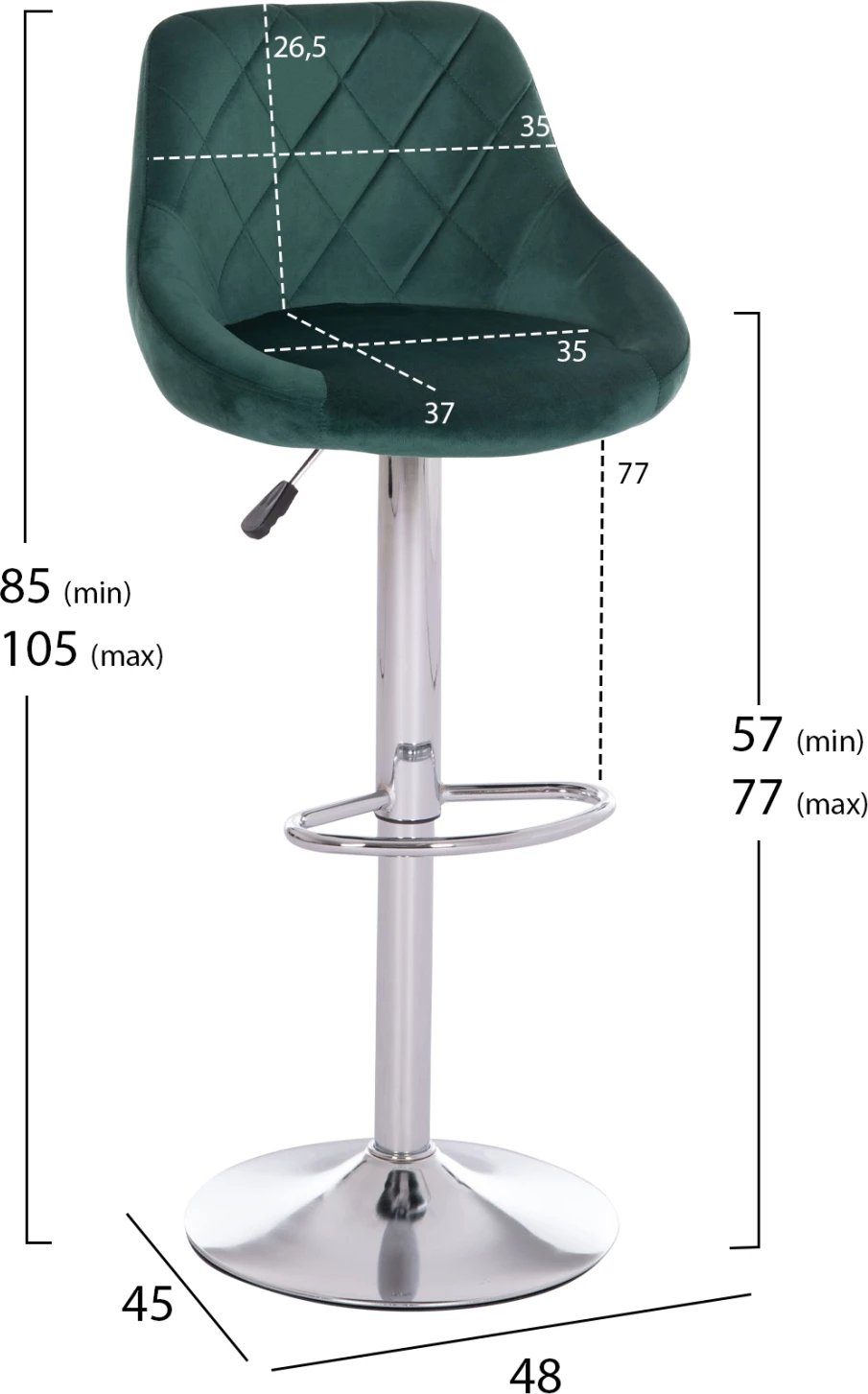 Karrige për bar ROSE, bazë dhe sustë kromi, kadife jeshile cypress, 48x45x105cm, set prej 2 copë