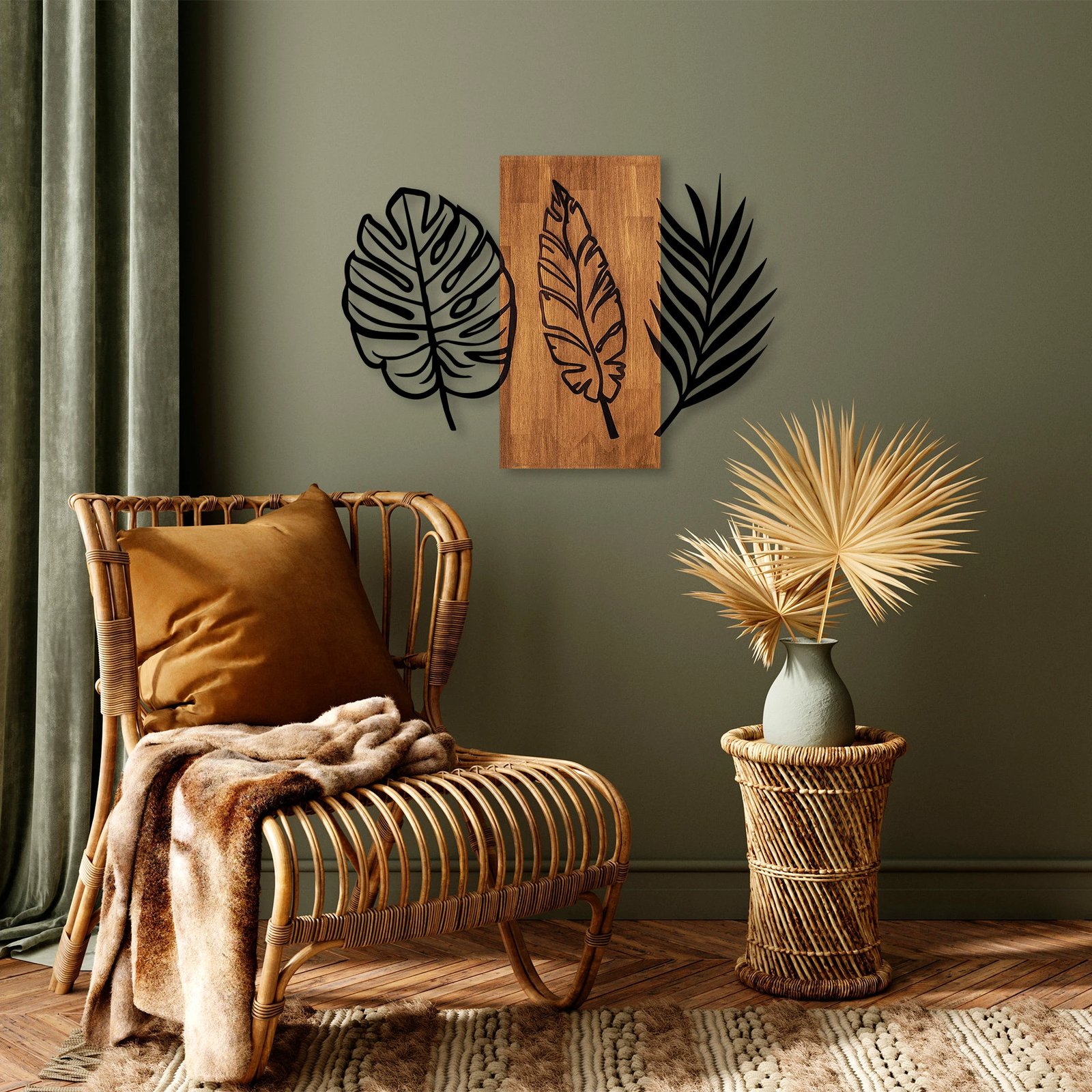 Aksesor dekorativ muri prej druri, Wallity, gjethe të trefishta, 384