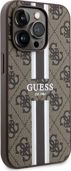 Mbështjellës Guess GUHMP14XP4RPSW për iPhone 14 Pro Max 6.7", 4G Printed Stripes MagSafe, kafe