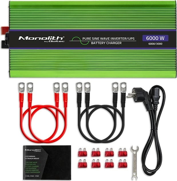 Konvertues voltazhi Qoltec Monolith 51945, 12V në 230V, 3000W/6000W, valë e pastër, LCD, Gjelbër