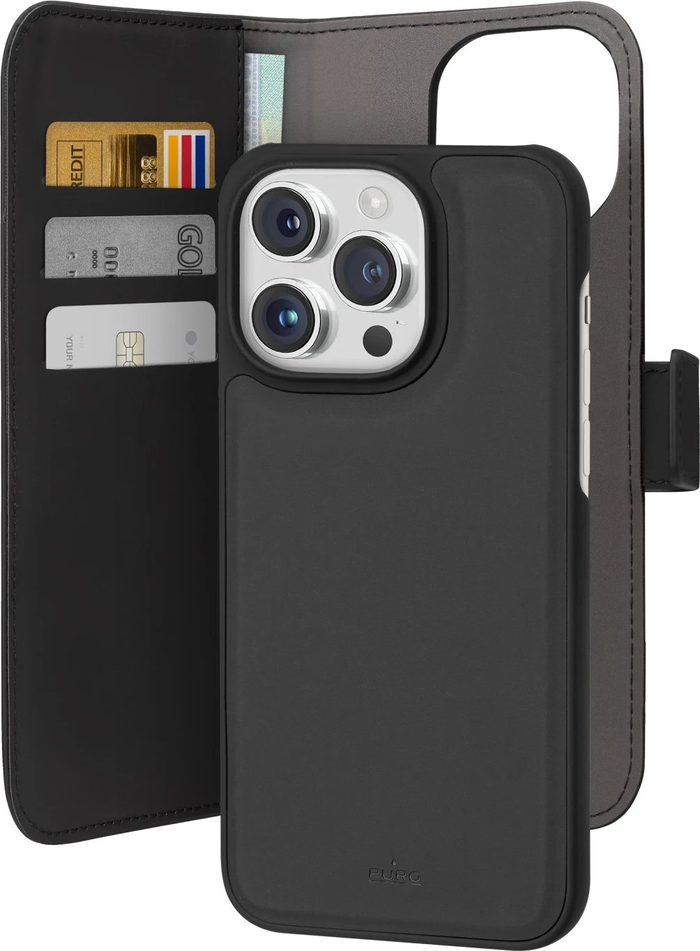Mbështjellës portofol Puro Wallet Detachable MagSafe 2in1 për iPhone 15 Pro Max, lëkurë ekologjike, e zezë
