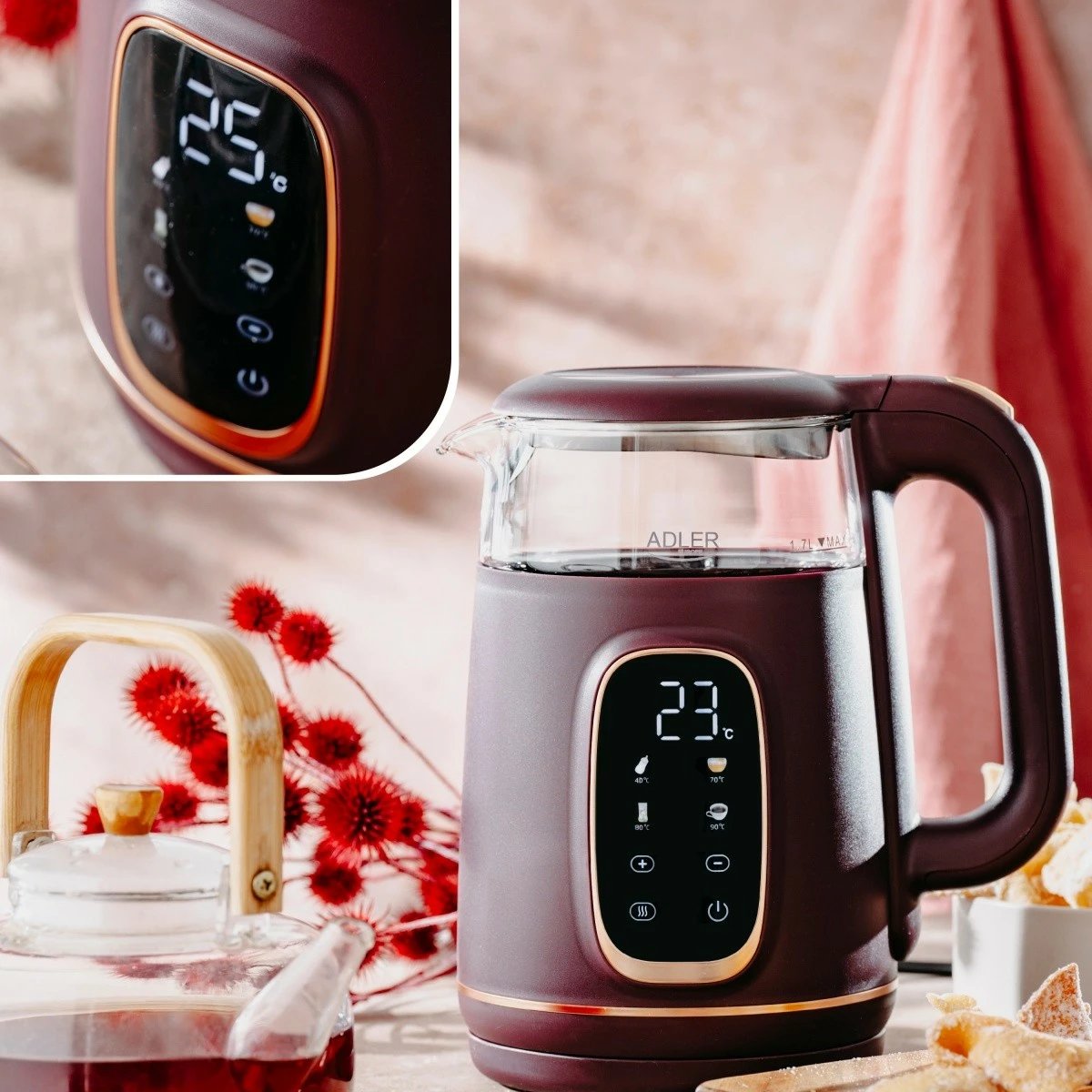 Ibrik elektrik Adler AD 1305, 1.7L, rregullim temperature, LED, Burgundy