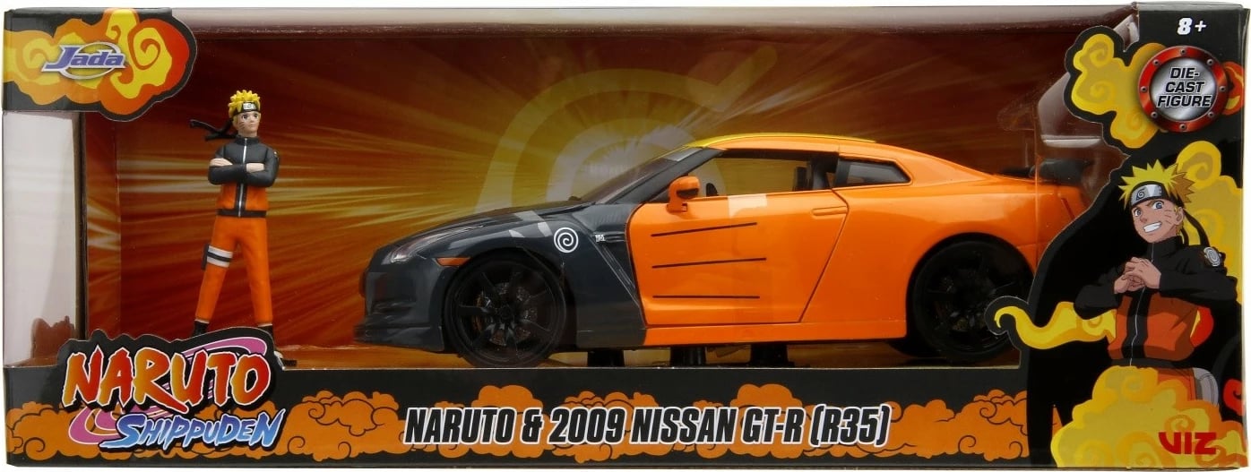 Makine lodër Jada Toys Naruto Shippuden Nissan GT-R 1:24 me figurë Naruto, portokalli/zezë