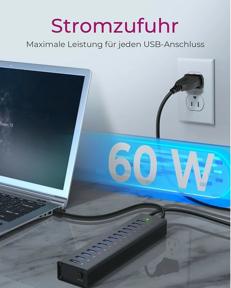 USB hub ICY BOX IB-AC6113, 14 porta, USB 3.2 Gen 1, alumini, e zezë