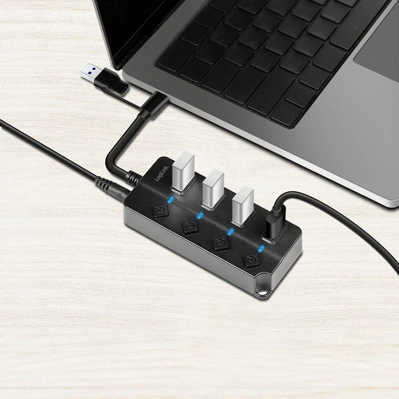 USB hub LogiLink UA0419, 4x USB-A, Gen1, me 4 ndezës individual, e zezë