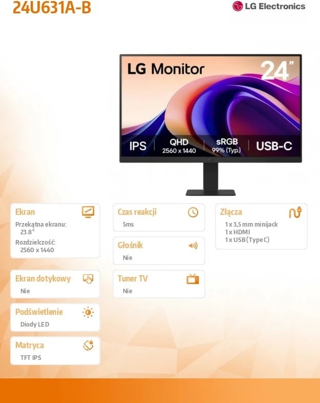 Monitor LG 24U631A-B, 23.8", QHD, IPS, 100Hz, USB-C, i zi Monitor LG 24U631A-B, 23.8", QHD, IPS, 100Hz, USB-C, i zi