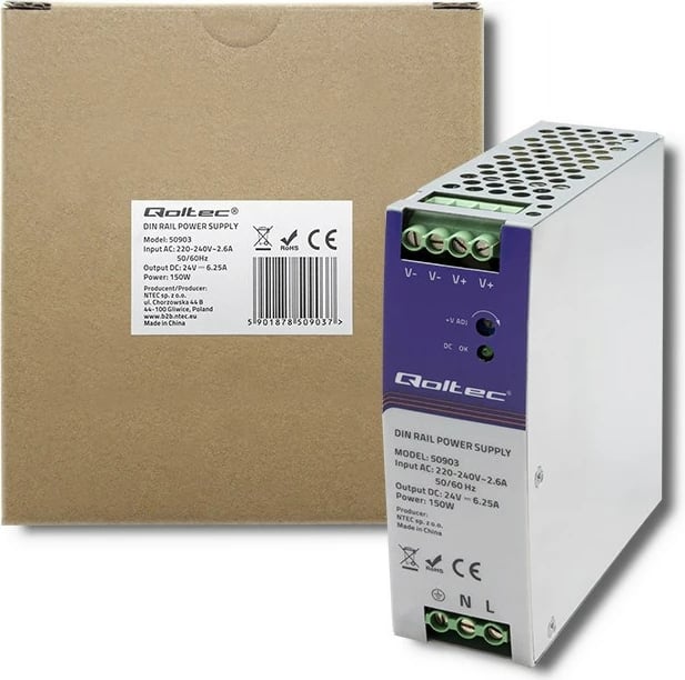 Furnizues energjie industrial Qoltec 50903, 150W, 24V, 6.25A, për shina DIN