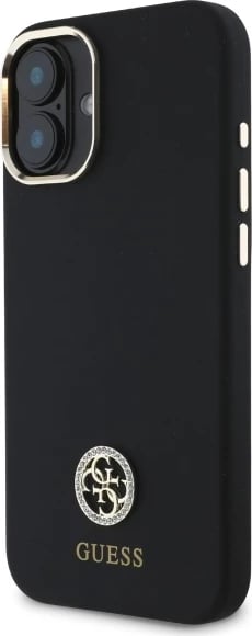 Mbështjellës Guess Silicone Logo Strass 4G për iPhone 16, i zi