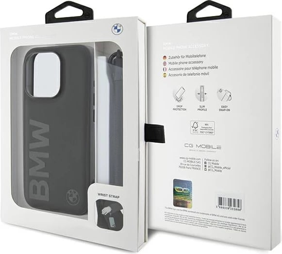 Mbështjellës BMW Signature Leather Wordmark Cord për iPhone 15 Pro, lëkurë, i zi