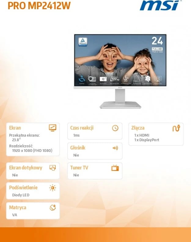 Monitor MSI PRO MP2412W, 23.8 inç, LED, FHD, 100Hz, Bardhë