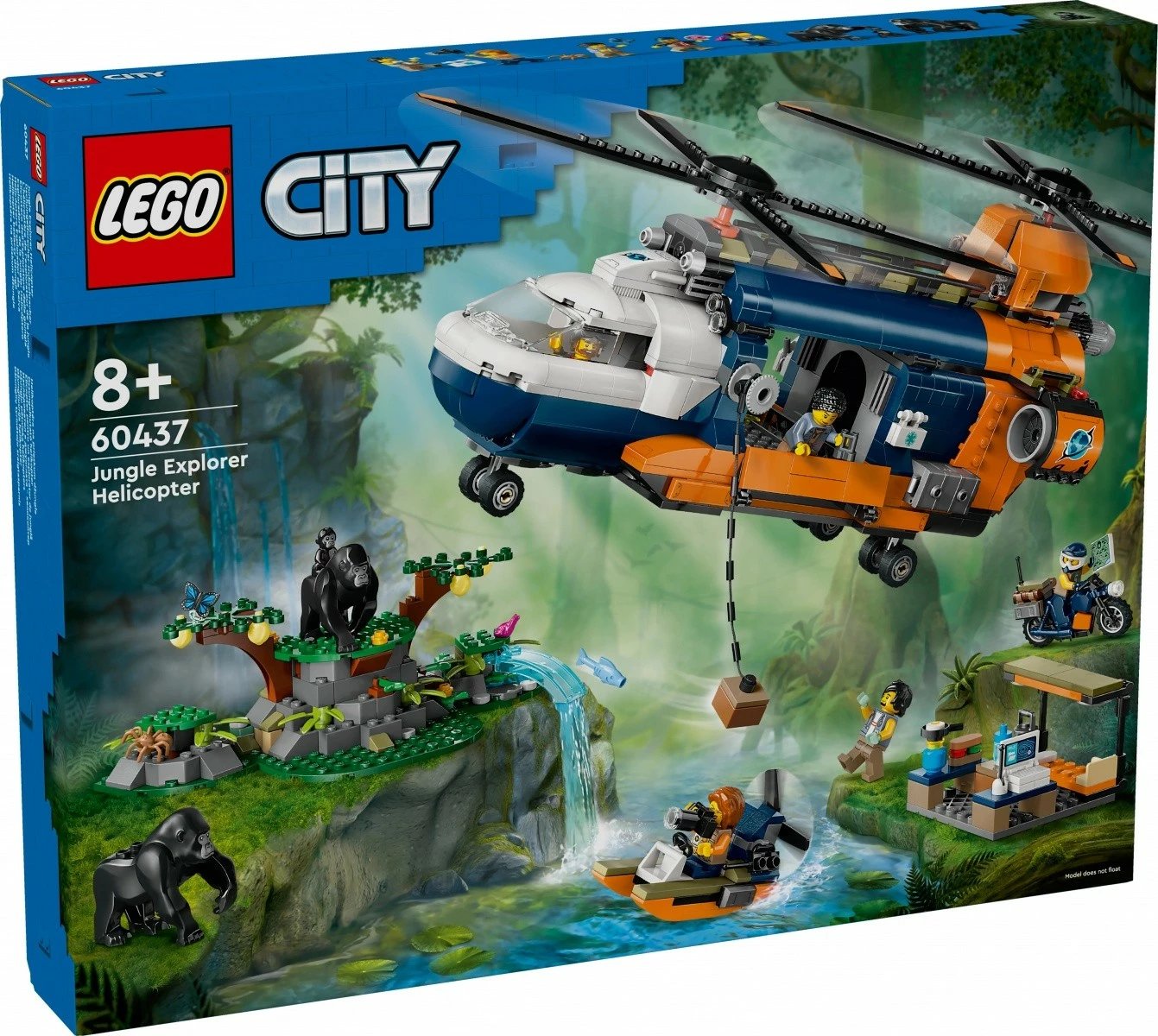 Set LEGO City Jungle Researcher Helicopter Base 60437, 881 pjesë, për fëmijë 8+, me helikopter, motor, hovercraft, 5 minifigura dhe 3 gorilla