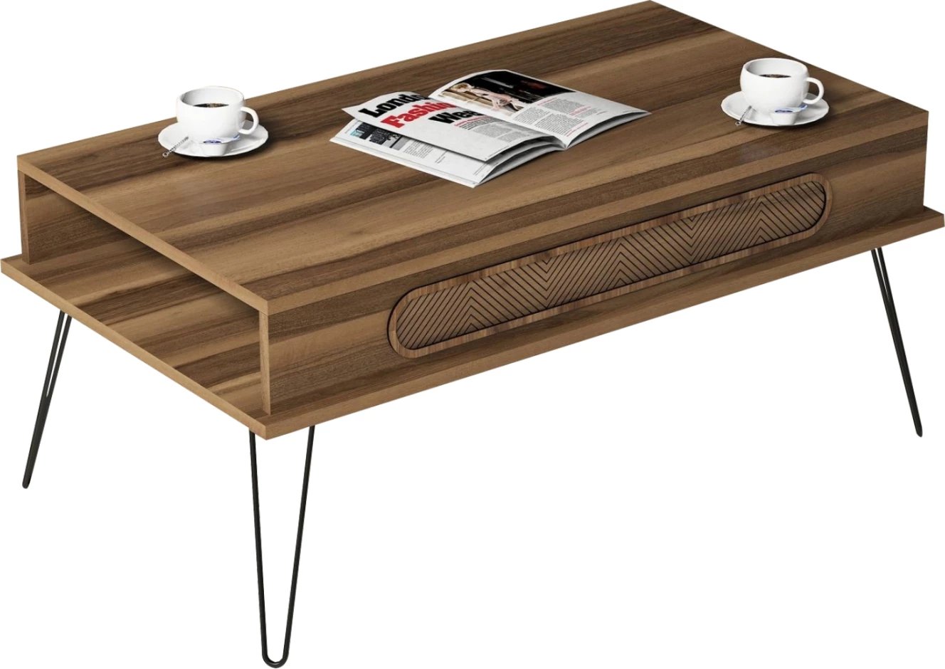 Tavolinë kafeje melaminë FH9500.02 ngjyrë arre-këmbë metalike 105x56x45.8H cm