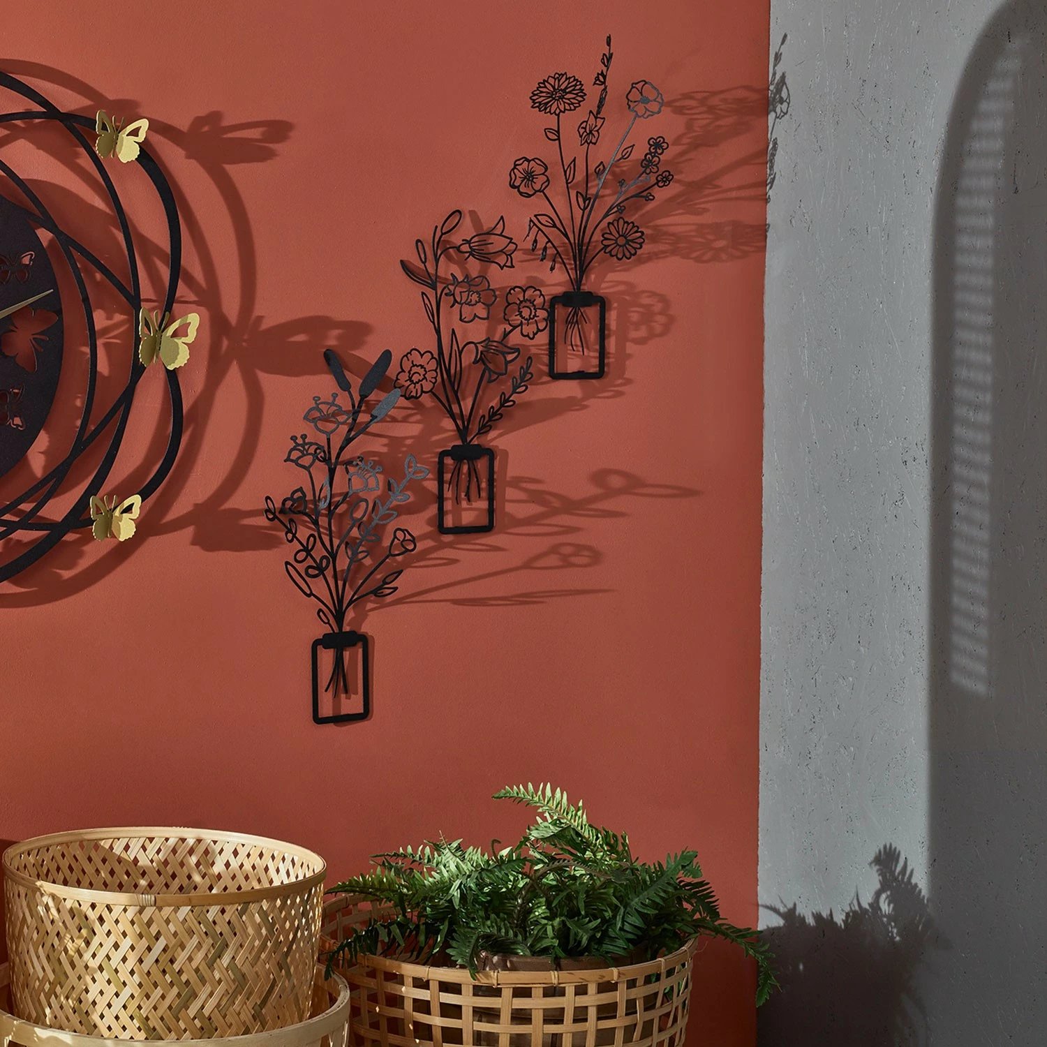 Aksesor dekorativ metalik për mur, lule në vazo, Wallity, 3D, APT519MS