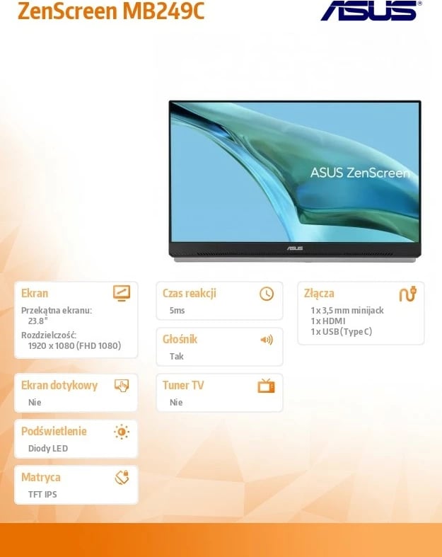 Monitor Asus ZenScreen MB249C, 23.8", IPS, FHD, USB-C, HDMI, i zi