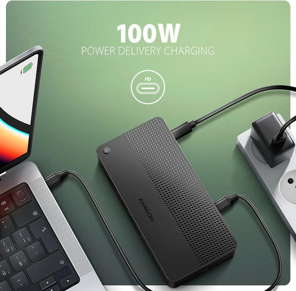 Stacion dokimi AXAGON HMC-U4, 12-në-1, USB4 40Gbps, 3x USB-A, 2x USB-C, GLAN, HDMI 8K, DP 8K, PD 100W, audio HQ, SD/microSD, 80cm kabllo, Zi