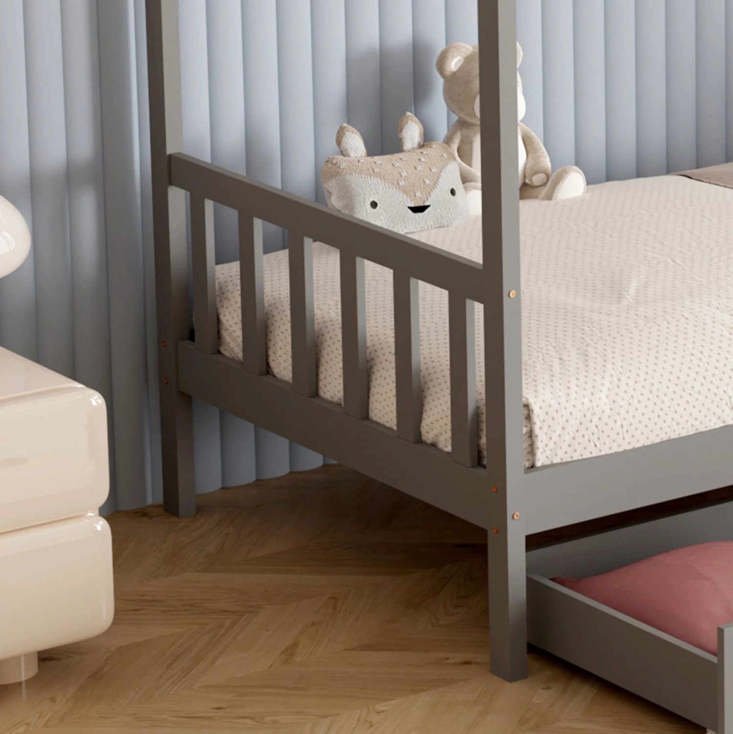 Krevat për fëmijë KLARICE FH680.05 Montessori-2 sirtarë-dru pishe në gri-190x90cm