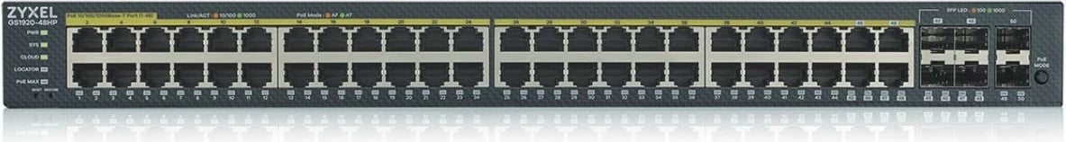 Switch Zyxel GS1920-48HPv2, 48 porte GbE PoE, për rack, i zi