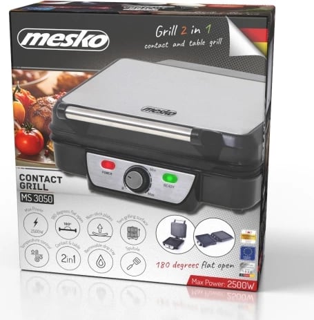 Grill elektrik kontakt 2-në-1, Mesko MS 3050, 2500W max, pllaka 28x23 cm, hapje 180°, kontroll temperature, veshje jo‑ngjitëse, me tabakë piku dhe spatulë