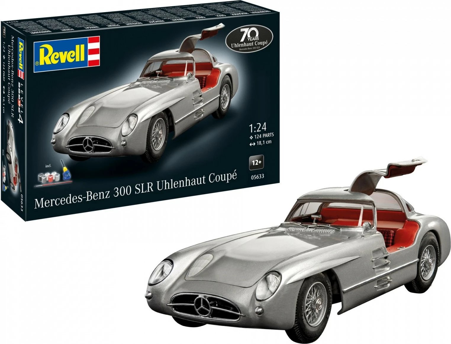 Set modelimi makine Revell Mercedes-Benz 300 SLR Uhlenhaut Coupé, 1:24, 124 pjesë, argjendtë