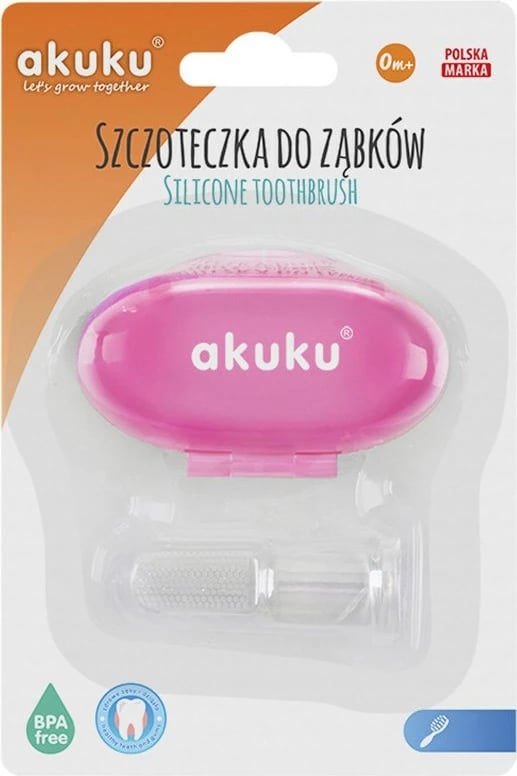 Furçë dhëmbësh gisht për bebe, AKUKU, silikon, pa BPA, me kuti, rozë