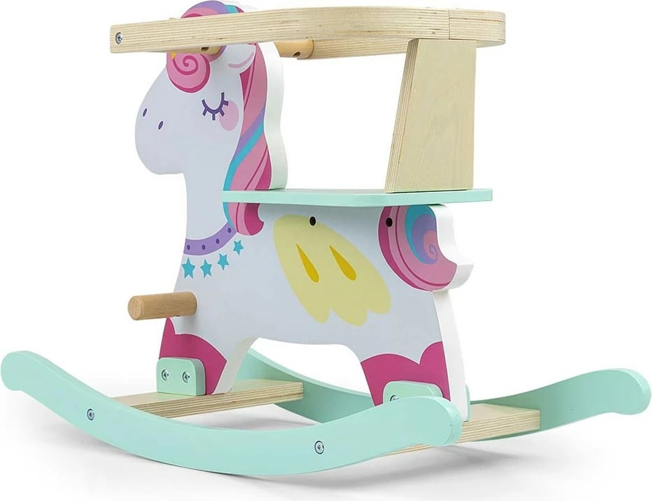 Kalë lëkundës druri, Milly Mally, Lucky 12 Unicorn, me mbrojtëse rrethuese dhe mbështetëse, për 12–36 muaj, deri 25 kg, rozë