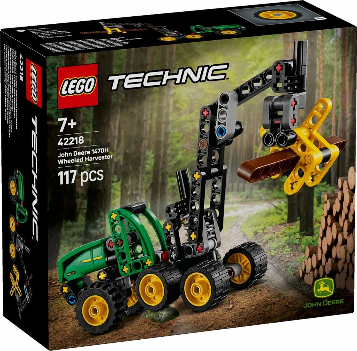 Set LEGO Technic 42218 John Deere 1470H Wheeled Harvester 117 pjesë 7+, jeshile e zezë e verdhë