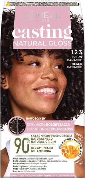Ngjyrë për flokë L'Oreal Paris Casting Natural Gloss 123 Black Ganache për femra, 1 copë