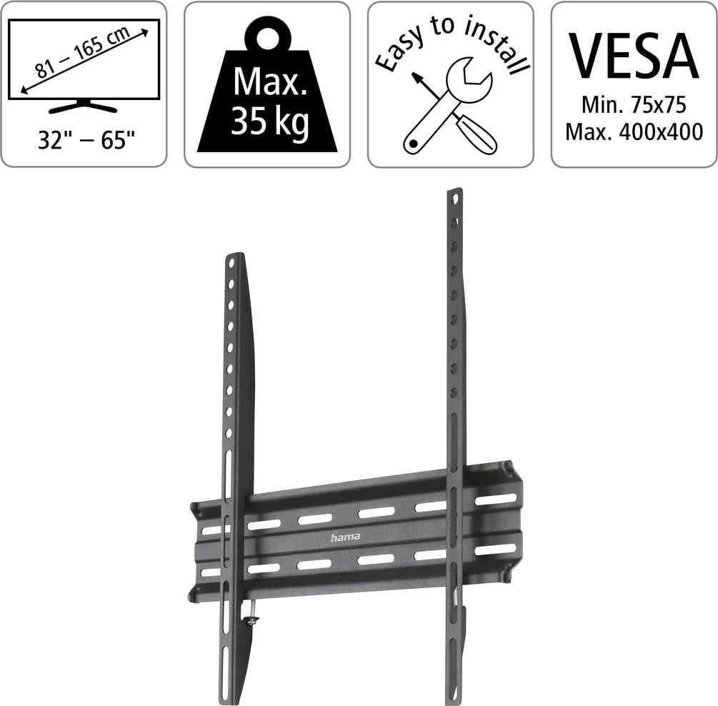 Mbajtëse muri TV, Hama 220809, VESA 75x75-400x400, fiks, 32-65 inç, 35 kg, e zezë