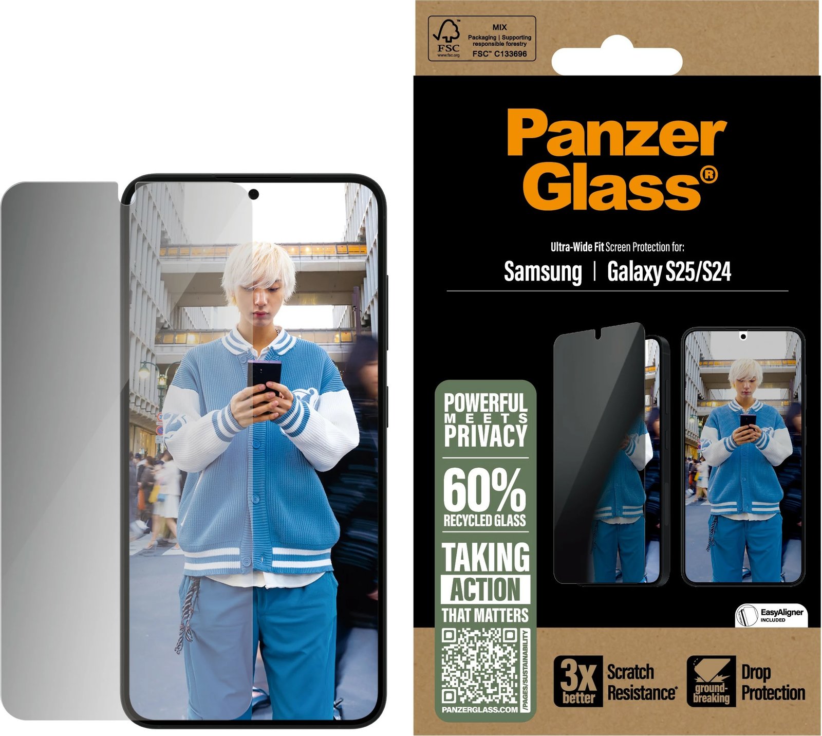 Mbështjellës ekrani PanzerGlass për Samsung Galaxy S25, privacy, transparent