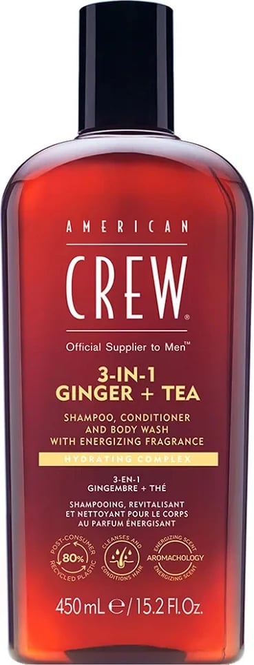 Shampon, kondicioner dhe xhel dushi për burra American Crew 3-in-1 Ginger + Tea, 450ml