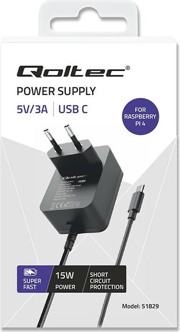 Karikues mur Qoltec 51829 për Raspberry Pi 4, USB-C, 15W, 5V, 3A, Zi