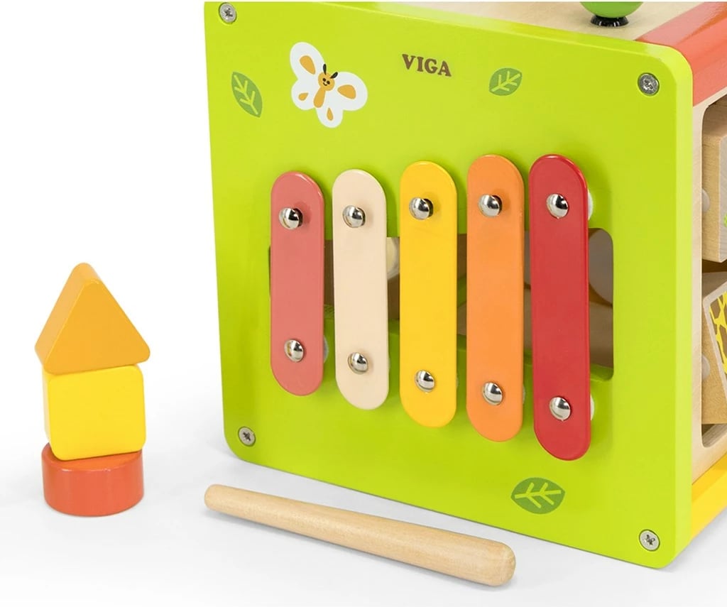 kub edukativ 5-në-1, Viga, dru, me ksilofon, sorter formash, labirint me rruaza dhe kube rrotulluese, multingjyrëshe