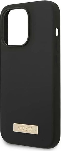 Mbështjellës Guess Silicone Logo Plate MagSafe për iPhone 14 Pro Max 6.7", zi