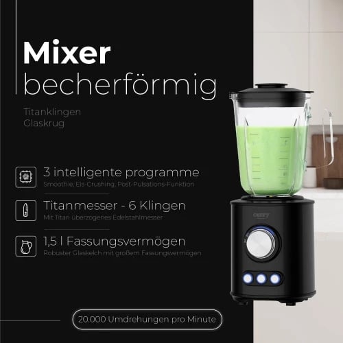 Blender tavoline, Camry CR 4088, enë qelqi 1.5L, tehe çelik inox të veshura me titan (6 skaje), 800W max 1800W, 2 shpejtësi 3 programe, me grirës qelqi 300ml, piano black Blender tavoline, Camry CR 4088, enë qelqi 1.5L, tehe çelik inox të veshura me titan (6 skaje), 800W max 1800W, 2 shpejtësi 3 programe, me grirës qelqi 300ml, piano black