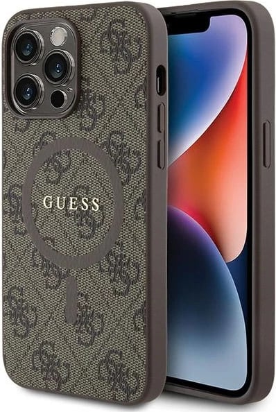 Mbështjellës Guess 4G Collection Leather Metal Logo MagSafe për iPhone 14 Pro Max, Kafe