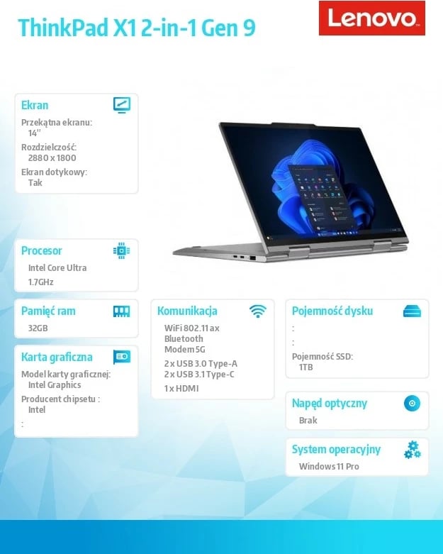 Ultrabook Lenovo ThinkPad X1 2-in-1 Gen 9, 14", Intel Core Ultra 7 155U, 32 GB RAM, 1 TB SSD, OLED, Gri