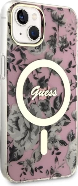 Mbështjellës Guess Flower MagSafe për iPhone 14, Rozë