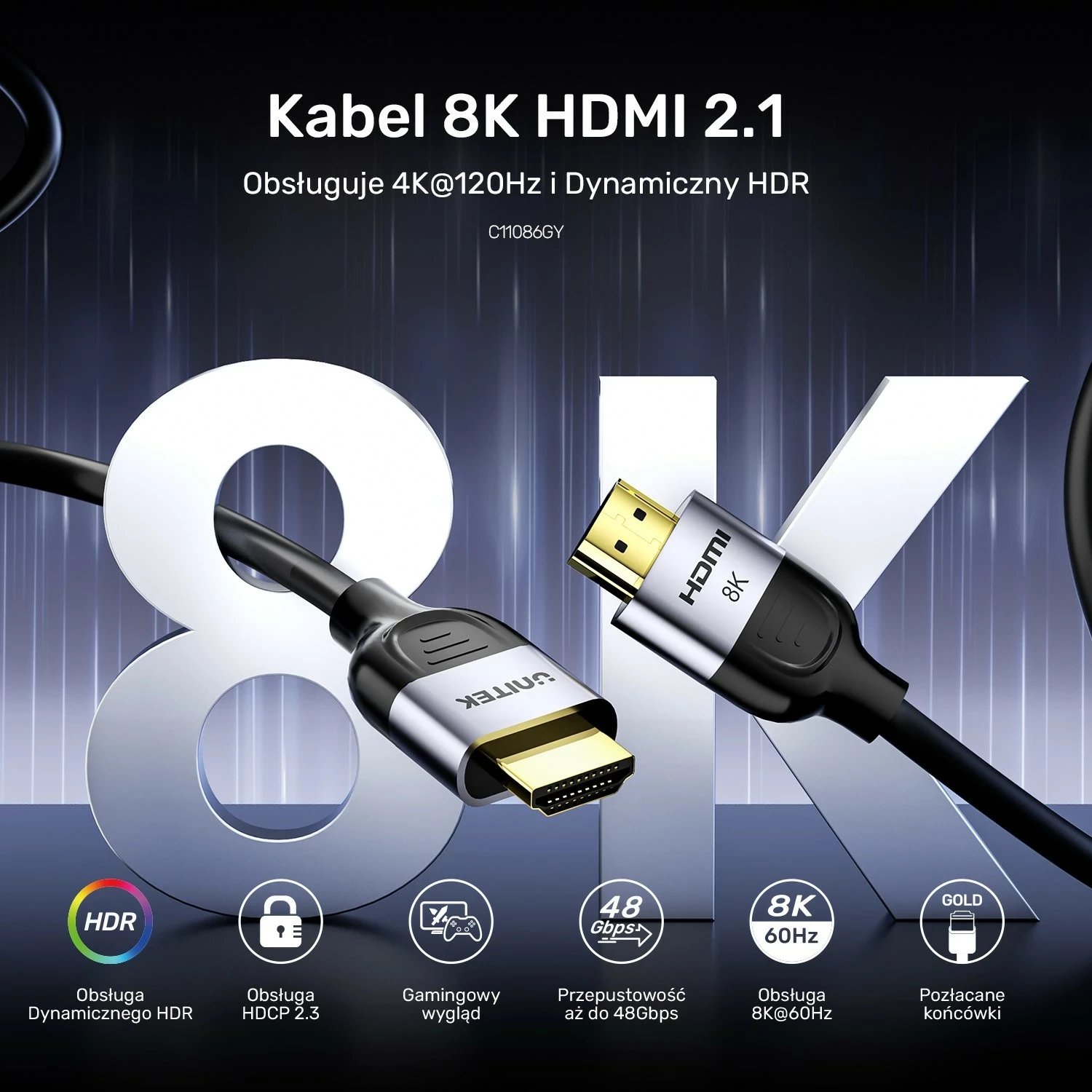 Kabëll HDMI Unitek 2.1 8K 60Hz, 5m, zi-argjendtë