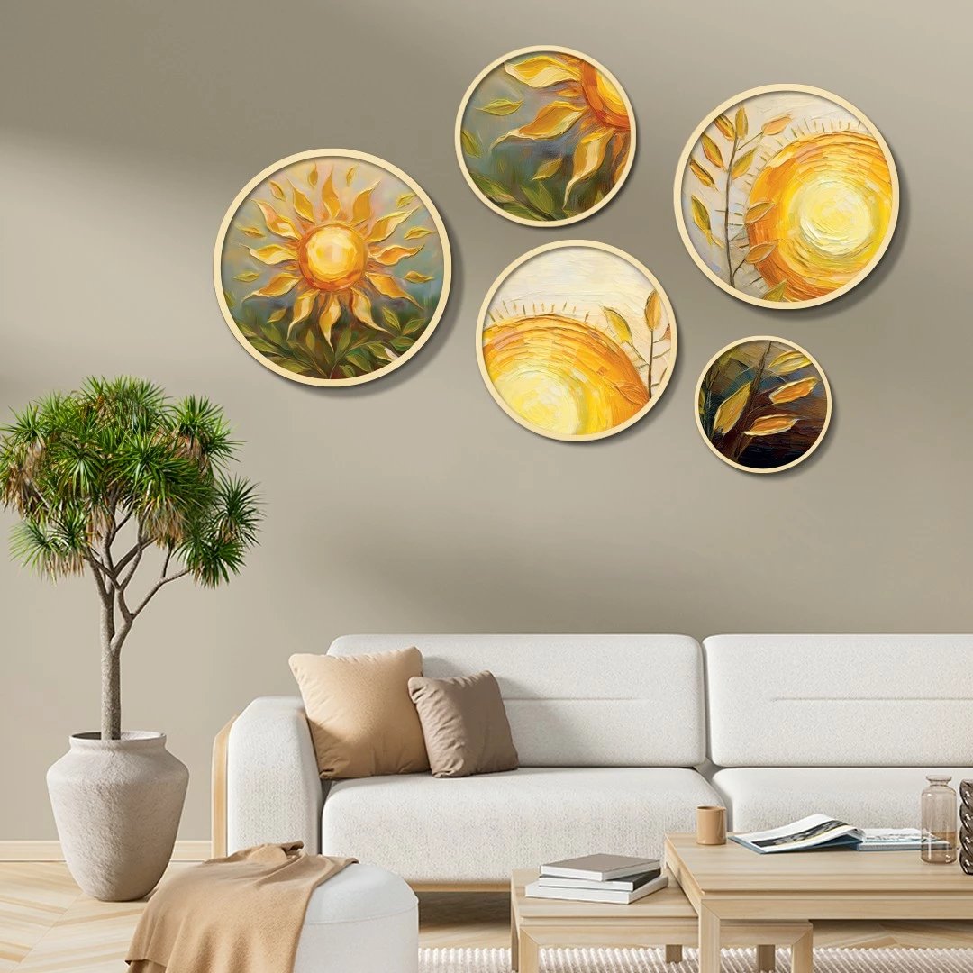 Set pikturash dekorative të rrumbullakëta, MDF me kornizë, shumëngjyrëshe, 5 copë, Wallity Yats-25