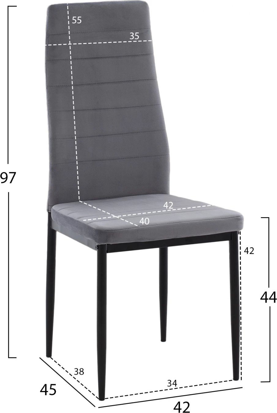 Karrige metalike FH0037.31, kadife gri, me kornizë metalike, set prej 4 copash