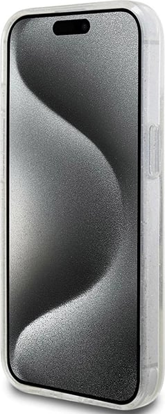 Mbështjellës Guess Ring Stand Script Glitter MagSafe për iPhone 15/14/13, transparent