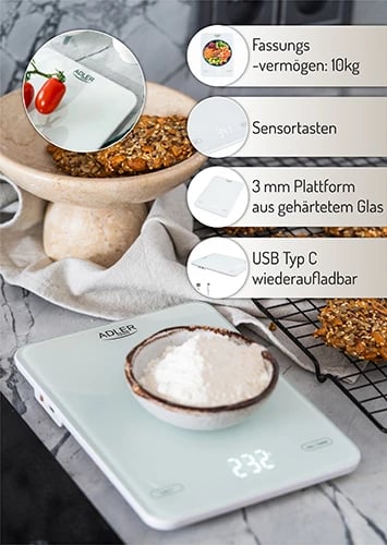 Peshore kuzhine, Adler, AD 3177, kapacitet 10kg, USB Type-C e rikarikueshme, platformë xhami 16x22cm, e bardhë