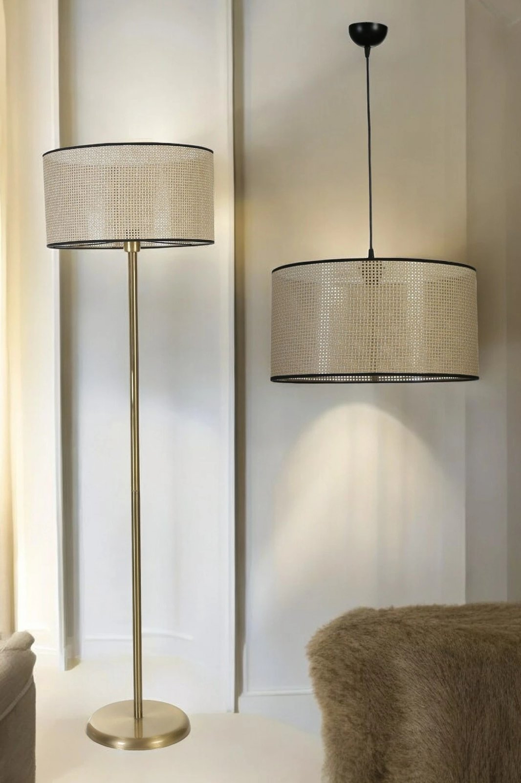 Set llambë tavani dhe llambë dyshemeje Opviq, 8873-6, ngjyrë ari dhe bezhë