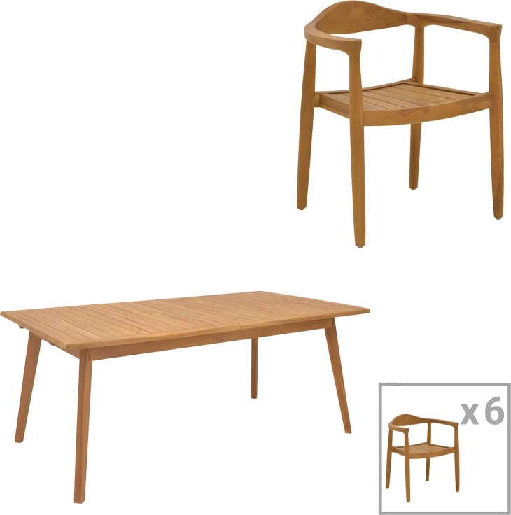 Tavolinë me karrige, 7 copë, Ganny-Pino, dru tik, ngjyrë natyrale, 180/240x100x75cm